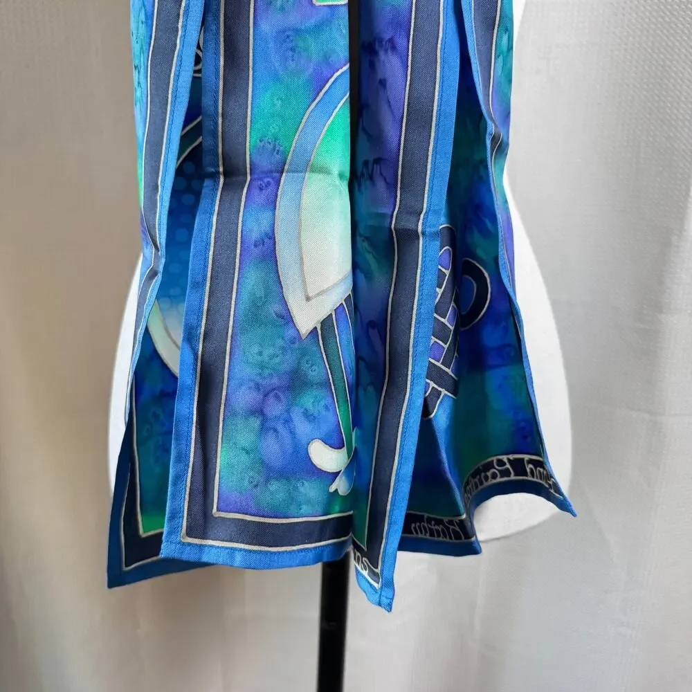 Hand Painted Silk Scarf Kathy Scrivens Blue Green Made In Scotland 11x57